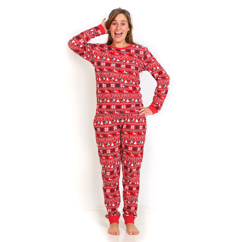 Pijama de Navidad Adultos Unisex Rojo con Renos y Árboles Mujer