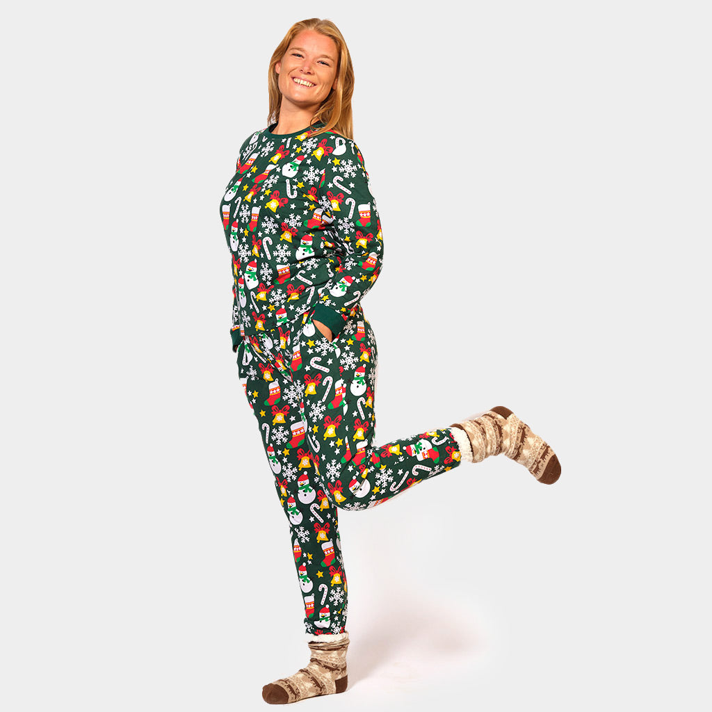 Pijama de Navidad Adultos Unisex Verde con Motivos Navideños Mujer