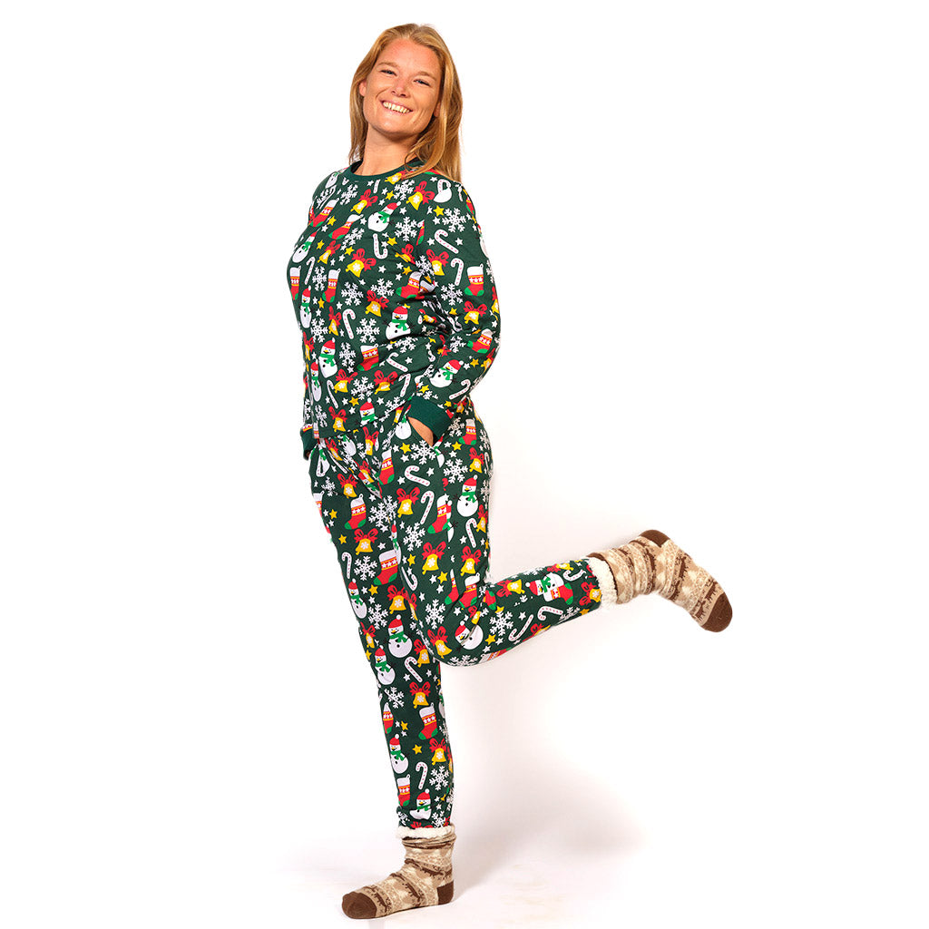 Pijama de Navidad Adultos Unisex Verde con Motivos Navideños Mujer