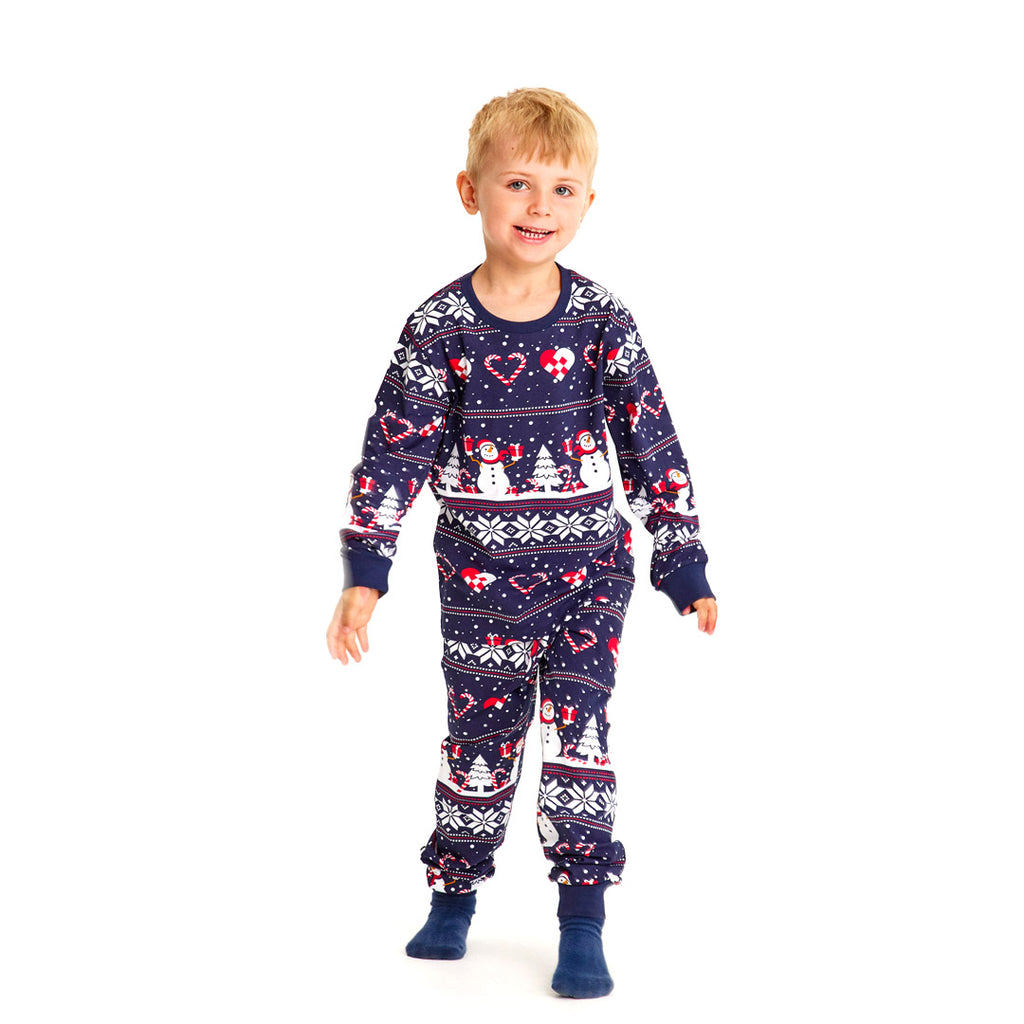 Pijama de Navidad para Niños Azul con Muñecos de Nieve y Corazones