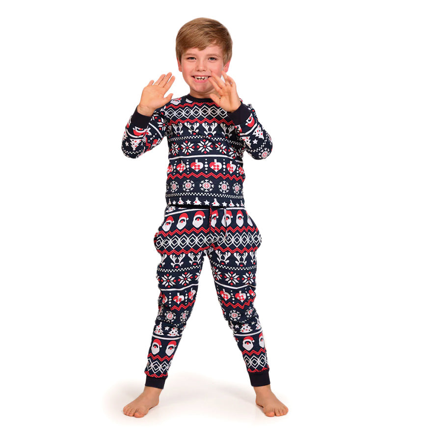 Pijama de Navidad para Niños con Papá Noel, Árboles y Corazones