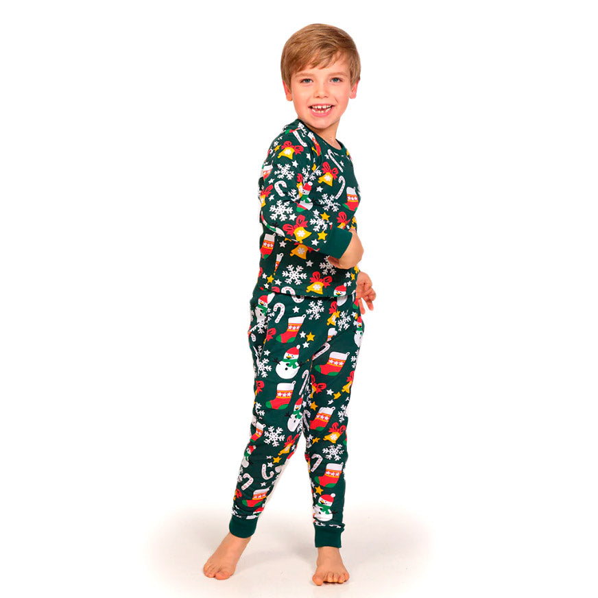 Pijama de Navidad para Niños Verde con Motivos Navideños